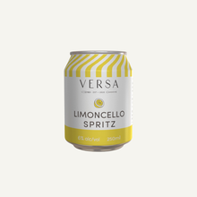 Load image into Gallery viewer, A can of Versa Limoncello Spritz with a striped yellow and white design, indicating 6% alcohol volume and 250ml volume.

